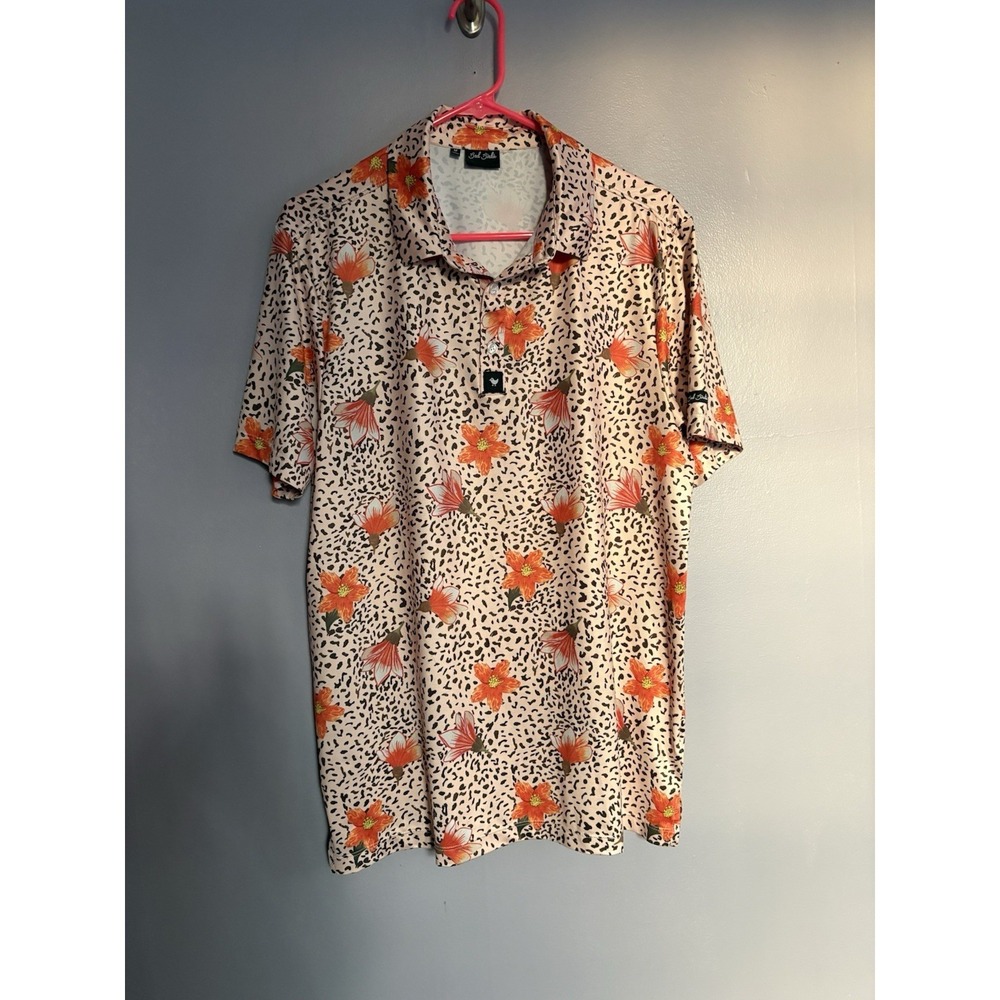 Bad Birdie Men Performance Golf Polo Medium Leopard Print Tiger Lily Active Sun